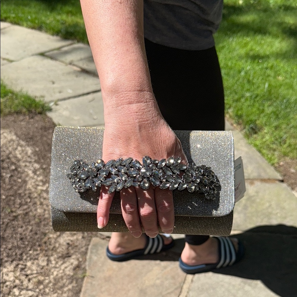 Elegant Sondra Robert’s Pewter Grey Clutch with Embellished Strap